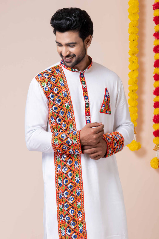 Stunning White Rayon Kurta with Multicolor Kutchi Mirror Embroidery for Navratri