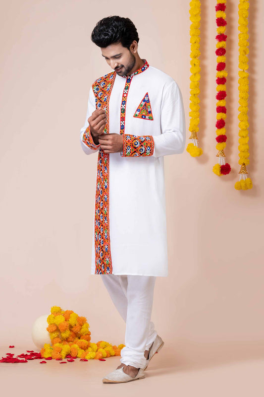 Stunning White Rayon Kurta with Multicolor Kutchi Mirror Embroidery for Navratri