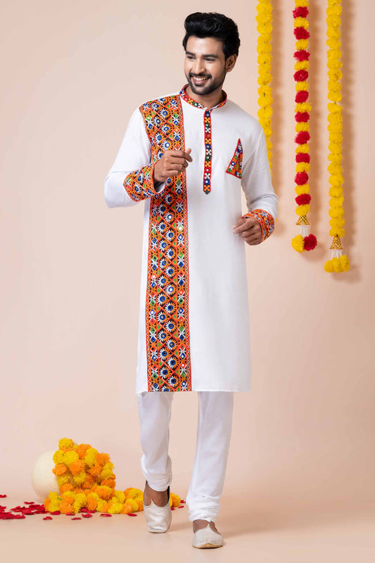 Stunning White Rayon Kurta with Multicolor Kutchi Mirror Embroidery for Navratri
