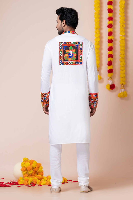 Stunning White Rayon Kurta with Multicolor Kutchi Mirror Embroidery for Navratri