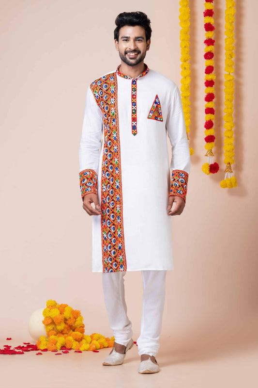 White Rayon Kurta with Multicolor Kutchi Mirror Embroidery for Navratri