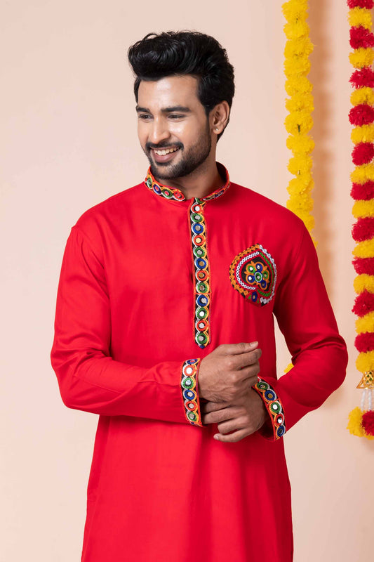 Superb Red Rayon Kurta with Multicolor Kutchi Mirror Embroidery for Navratri Festival