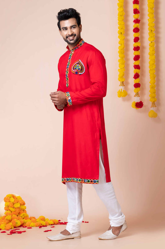Superb Red Rayon Kurta with Multicolor Kutchi Mirror Embroidery for Navratri Festival