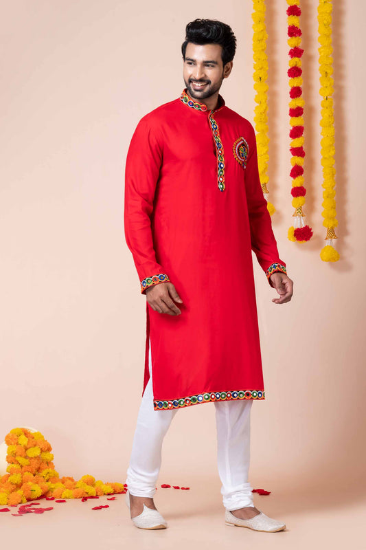 Superb Red Rayon Kurta with Multicolor Kutchi Mirror Embroidery for Navratri Festival