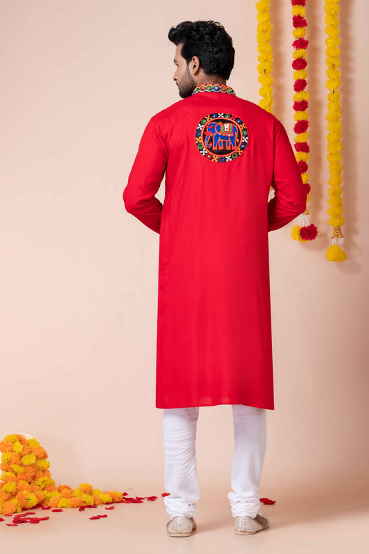 Superb Red Rayon Kurta with Multicolor Kutchi Mirror Embroidery for Navratri Festival