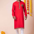 Red Rayon Kurta with Multicolor Kutchi Mirror Embroidery for Navratri Festival