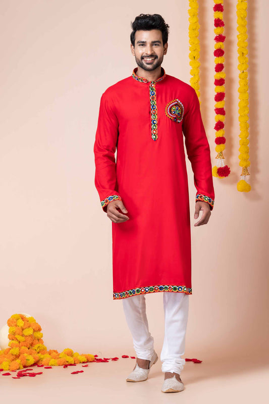 Red Rayon Kurta with Multicolor Kutchi Mirror Embroidery for Navratri Festival