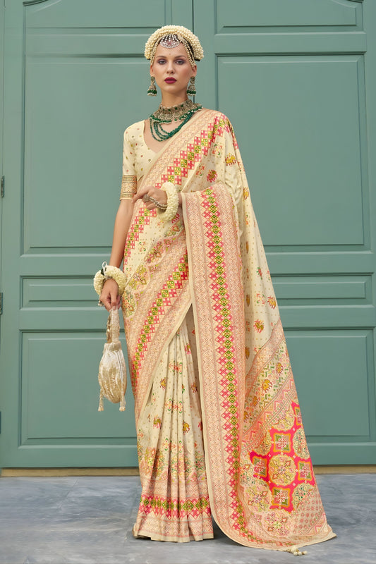 Traditional Cream Banarasi Meenakari Print Silk Saree for Wedding