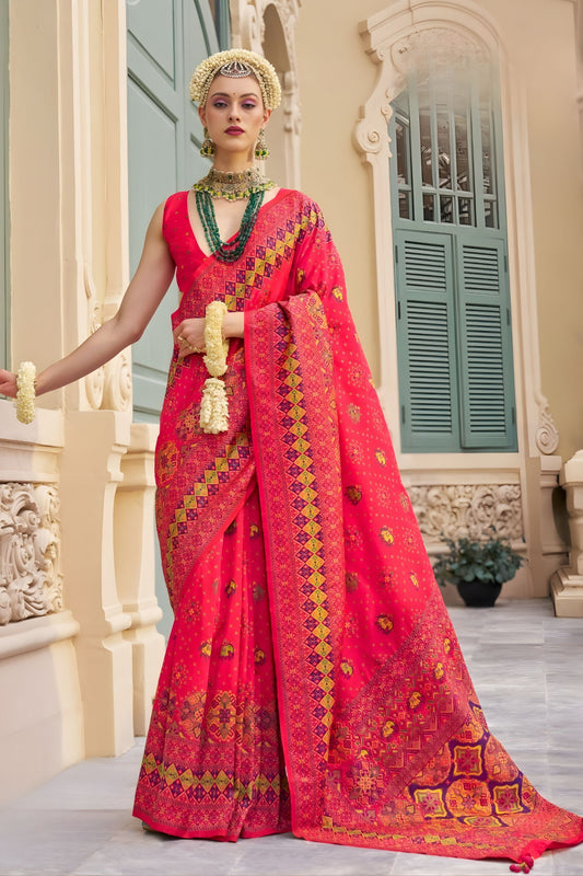 Premium Rani Pink Banarasi Meenakari Print Silk Saree for Wedding