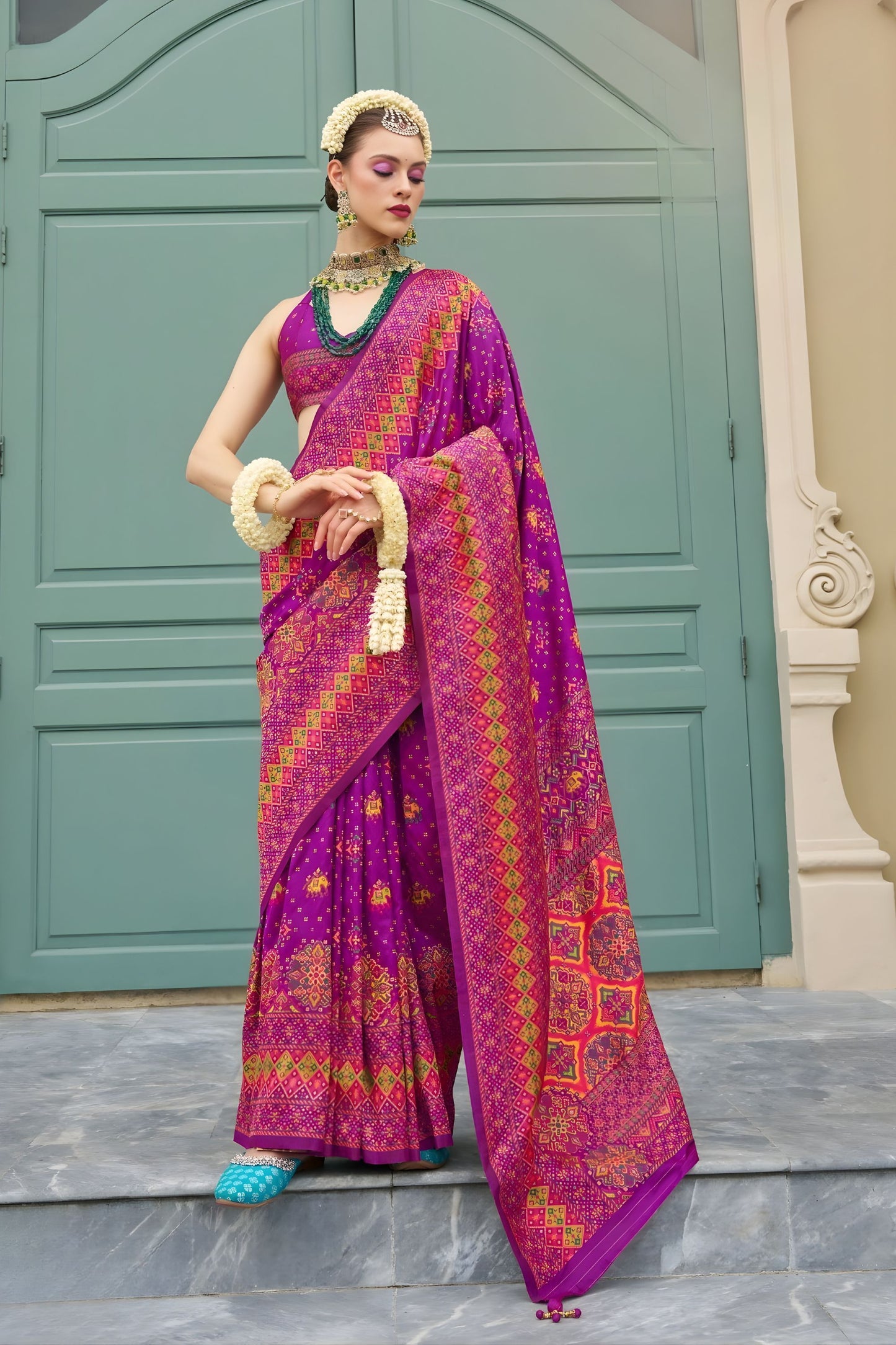 Stylish Purple Banarasi Meenakari Print Silk Saree for Wedding