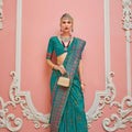 Elegant Teal Blue Banarasi Meenakari Print Silk Saree for Wedding