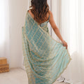 Aqua Blue Organza Silk Saree Golden Zari Embroidery Designer Blouse