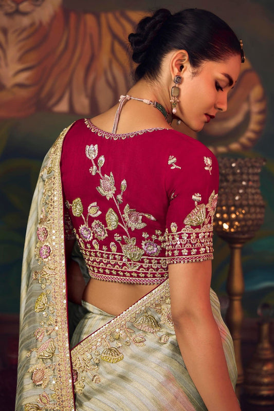 Sage Green Silk Saree and Contrast Maroon Blouse