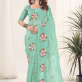 Mint Green Organza Saree Floral Embroidery Work Designer Blouse