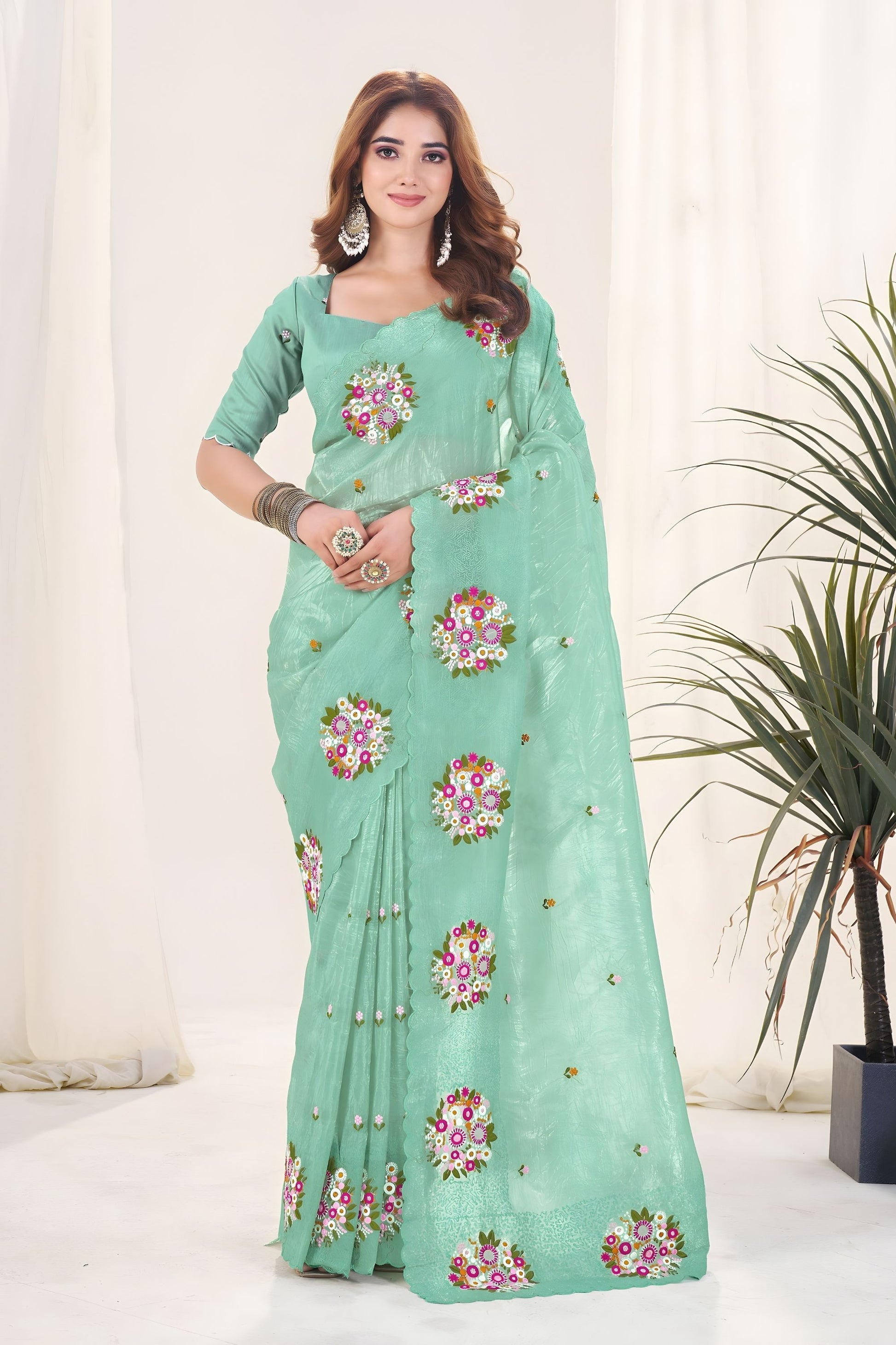 Mint Green Organza Saree Floral Embroidery Work Designer Blouse