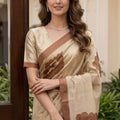 Elegant Beige Floral Printed Linen Silk Saree with Brown Border