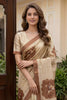 Elegant Beige Floral Printed Linen Silk Saree with Brown Border
