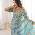 Elegant Sky Blue Organza Silk Saree with Golden Embroidered Border