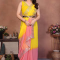 Yellow and Peach Georgette Saree Embroidered Border Work