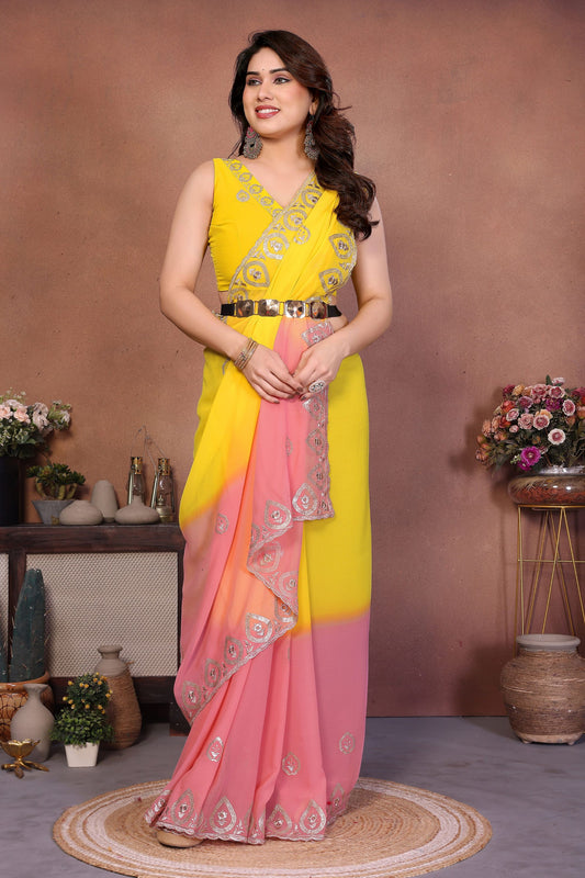 Yellow and Peach Georgette Saree Embroidered Border Work