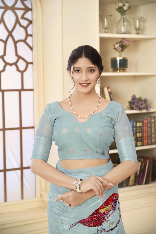 Sky Blue Linen Saree with Colorful Bird Print and Woven Detailing
