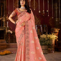  Peach Embroidered Silk Saree Heavy Zari Border Designer Blouse
