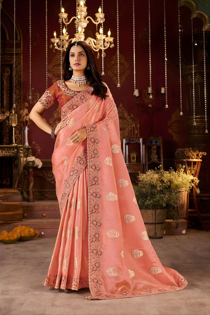  Peach Embroidered Silk Saree Heavy Zari Border Designer Blouse