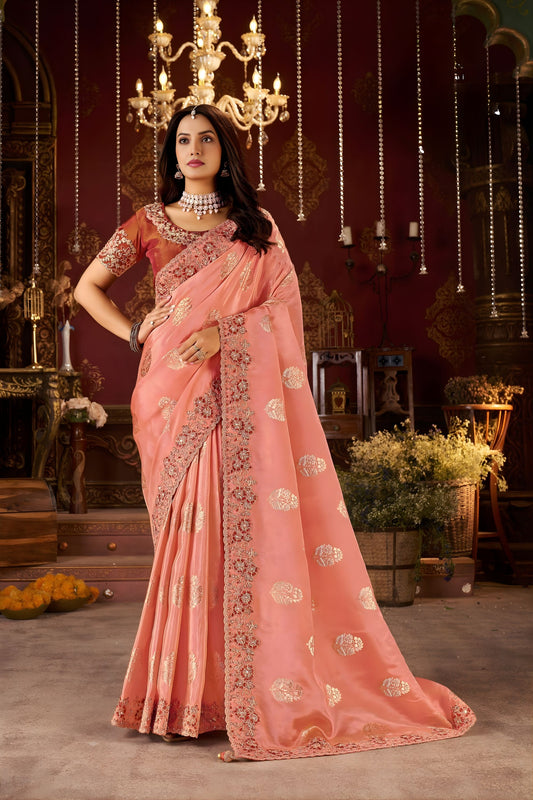  Peach Embroidered Silk Saree Heavy Zari Border Designer Blouse