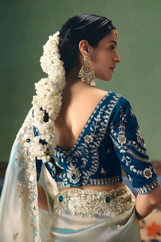 Pastel Mint Green Organza Silk Saree Heavy Silver Zari Embroidery Border