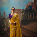 Mustard Yellow Saree with Gold Embroidery Purple Blouse 