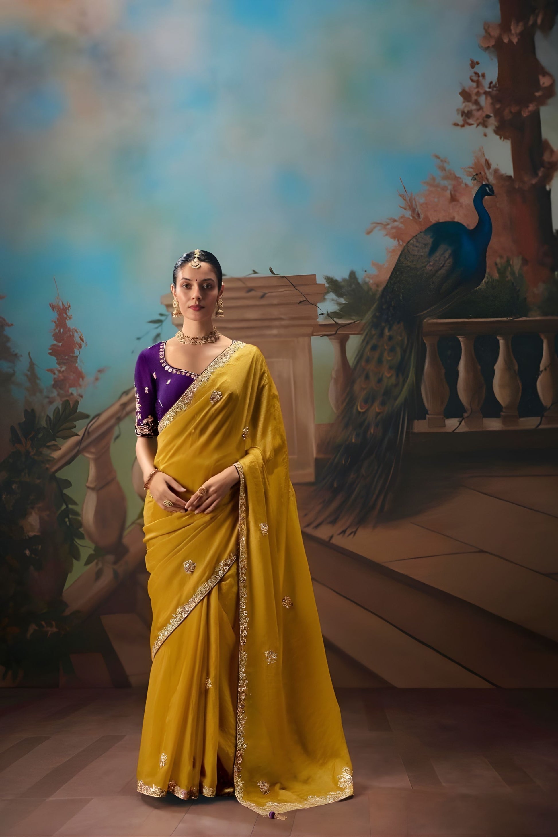Mustard Yellow Saree with Gold Embroidery Purple Blouse 