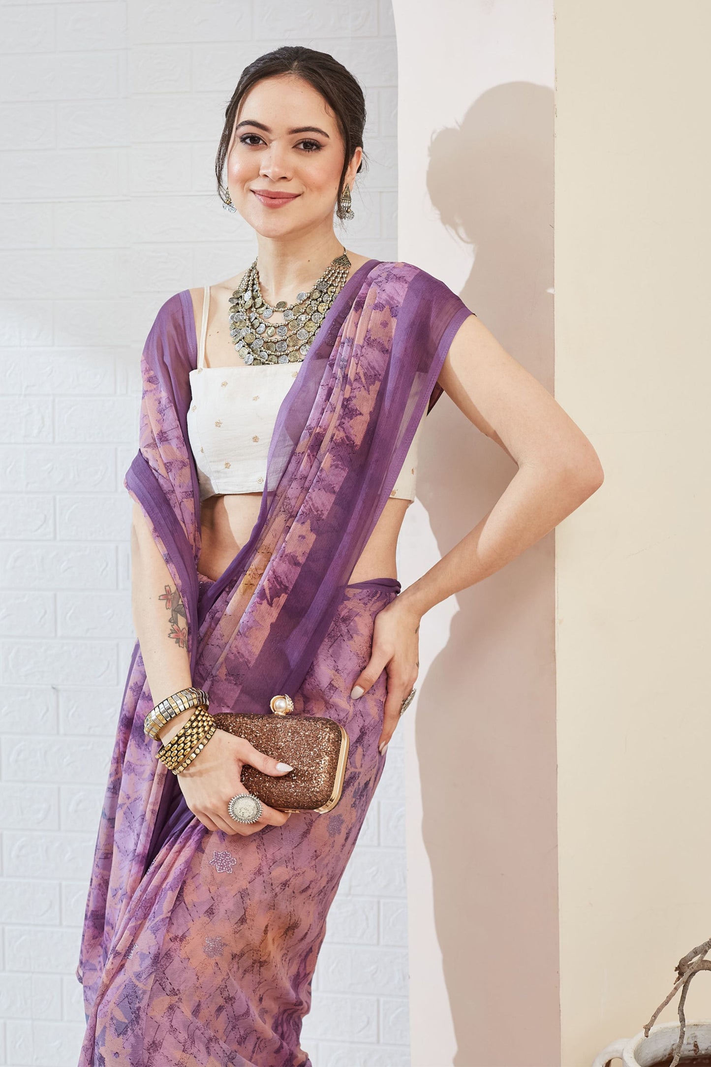 Lavender Floral Printed Designer Saree with Contrast Border