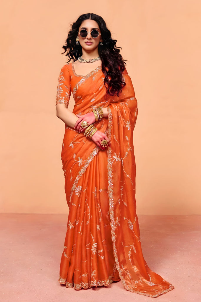 Orange Designer Saree Embroidered Border Saree