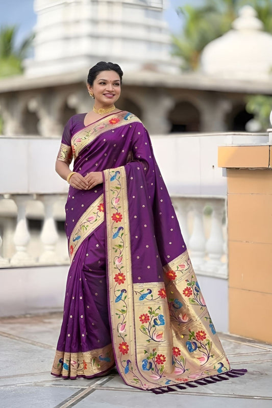 Wine Purple Floral Woven Linen Silk Saree Designer Peacock Border