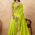 Lime Green Embroidered Saree with Floral Thread Work Elegant Border