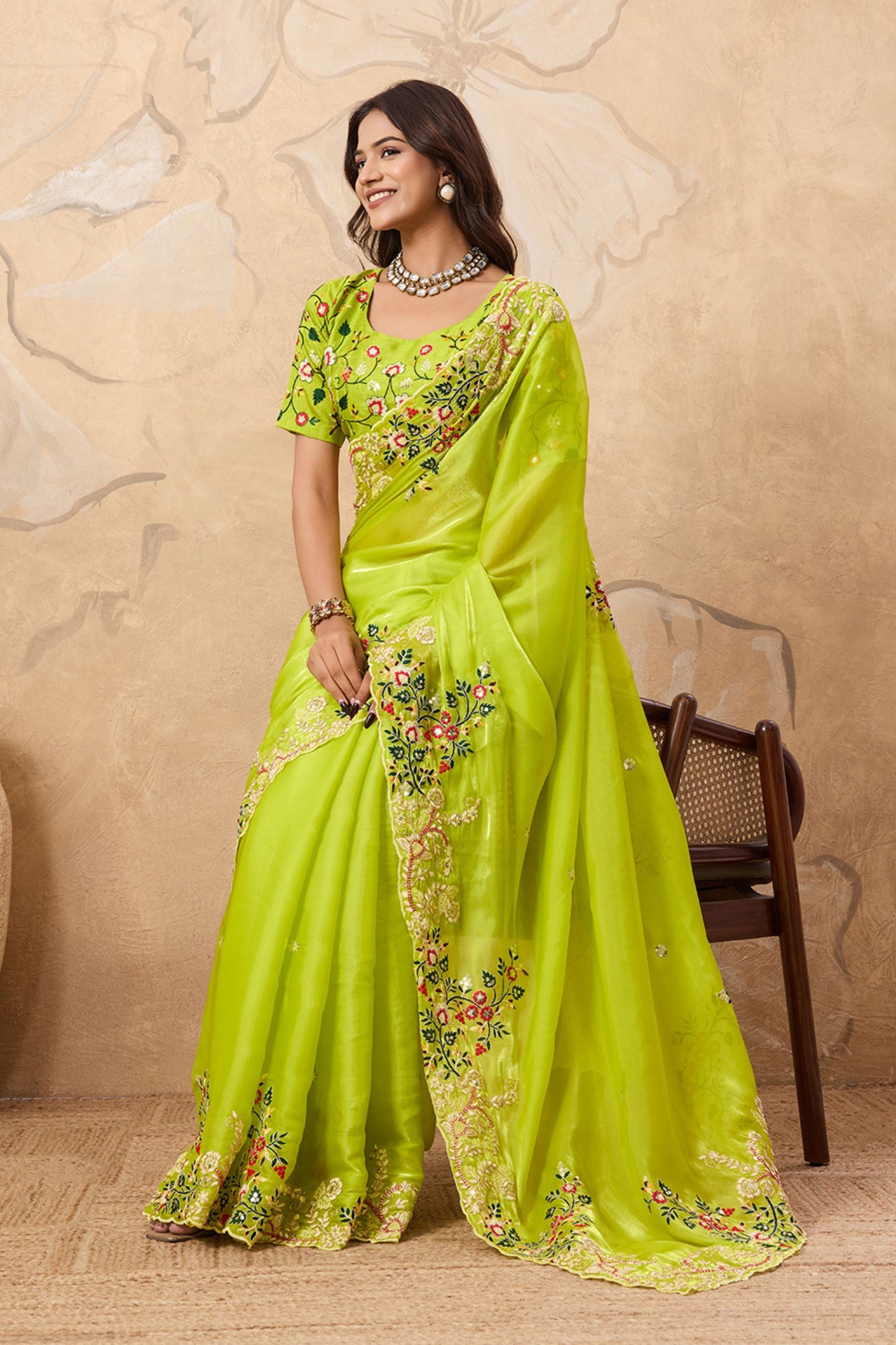 Lime Green Embroidered Saree with Floral Thread Work Elegant Border