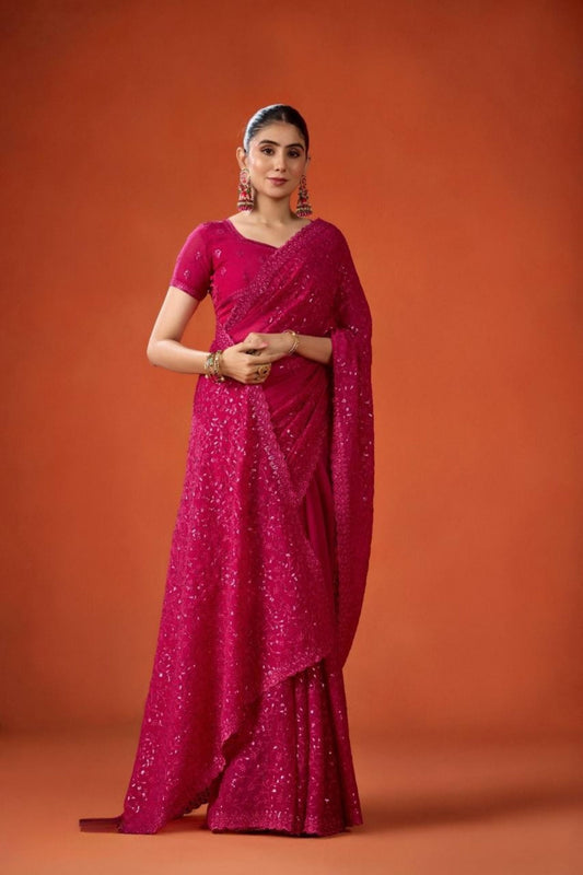 Rani Pink Embroidered Saree with Matching Blouse Party Wear Saree
