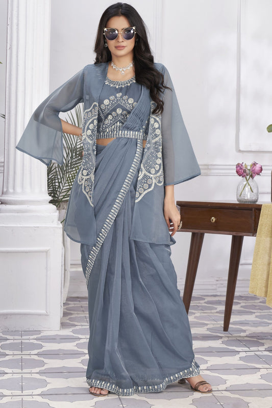 Elegant Steel Grey Designer Saree with Embroidered Blouse