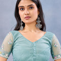 Sea Green Floral Embroidered Net Saree with Designer Border