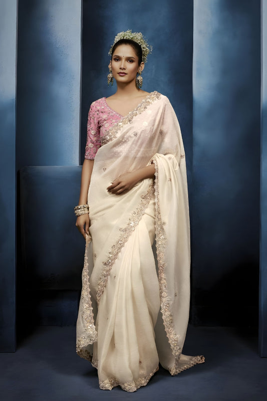 Luxury Off White Embroidered Saree with Designer Blouse 