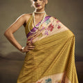 Olive Green Linen Silk Saree Floral Digital Print Purple Border
