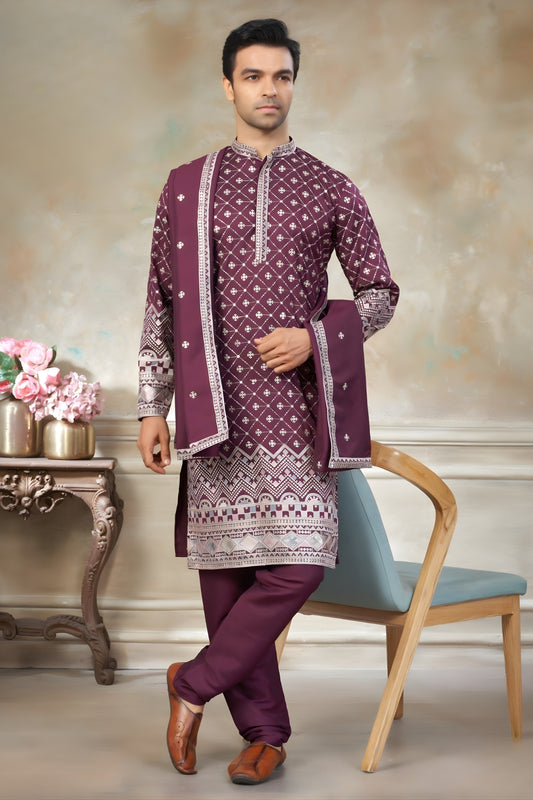 Royal Maroon Embroidered Silk Kurta Pyjama Set with Dupatta for Wedding