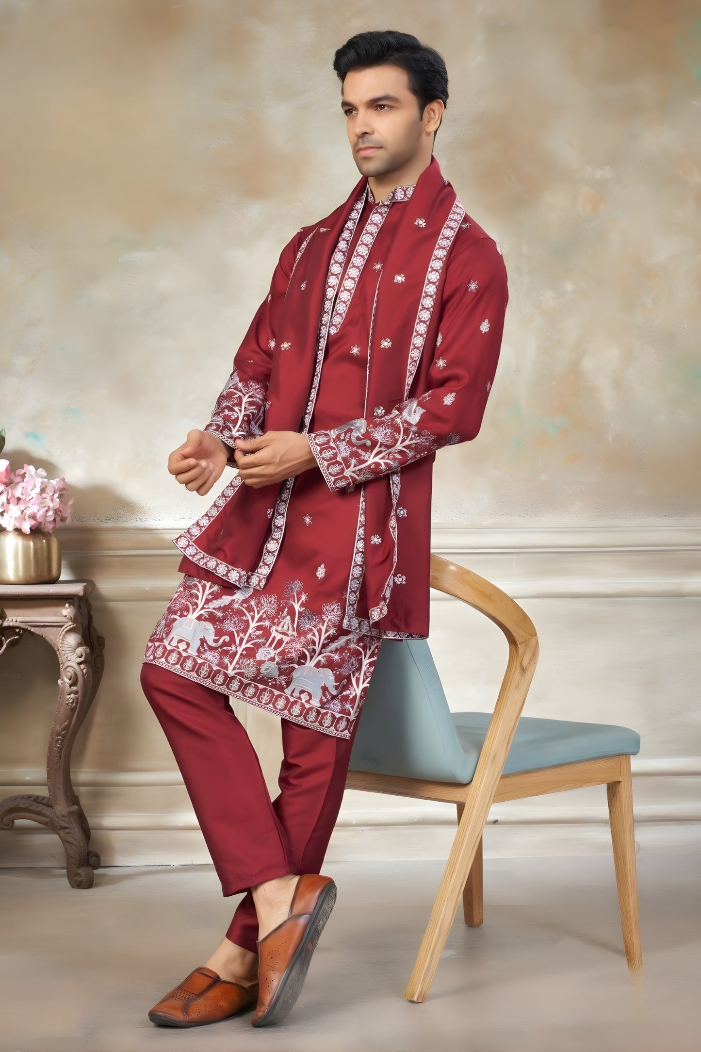 Designer Red Embroidered Pure Silk Kurta Pyjama with Dupatta for Wedding Wear