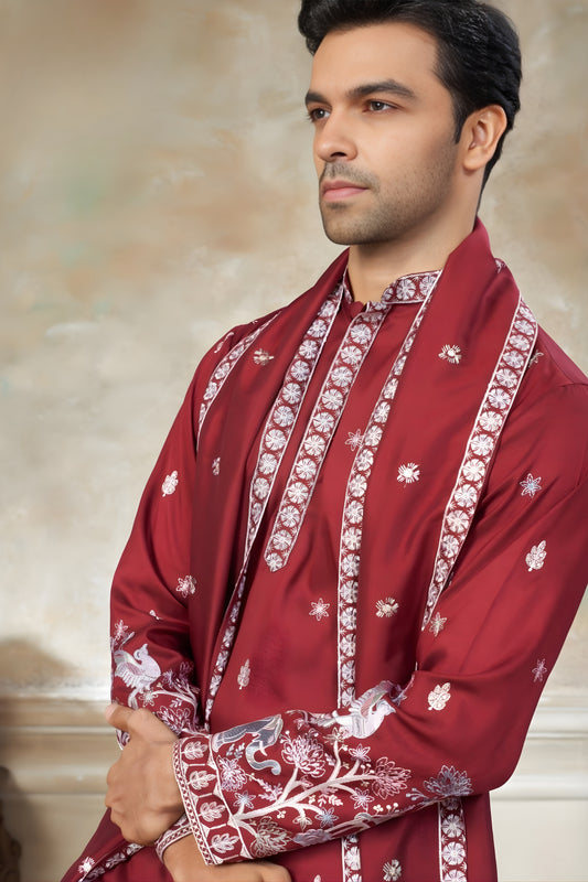 Designer Red Embroidered Pure Silk Kurta Pyjama with Dupatta for Wedding Wear