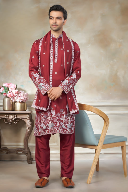 Designer Red Embroidered Pure Silk Kurta Pyjama with Dupatta for Wedding Wear