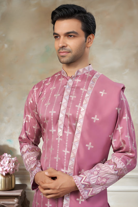 Stylish Pink Embroidered Pure Silk Kurta Pyjama Set with Dupatta for Wedding