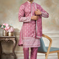 Stylish Pink Embroidered Pure Silk Kurta Pyjama Set with Dupatta for Wedding