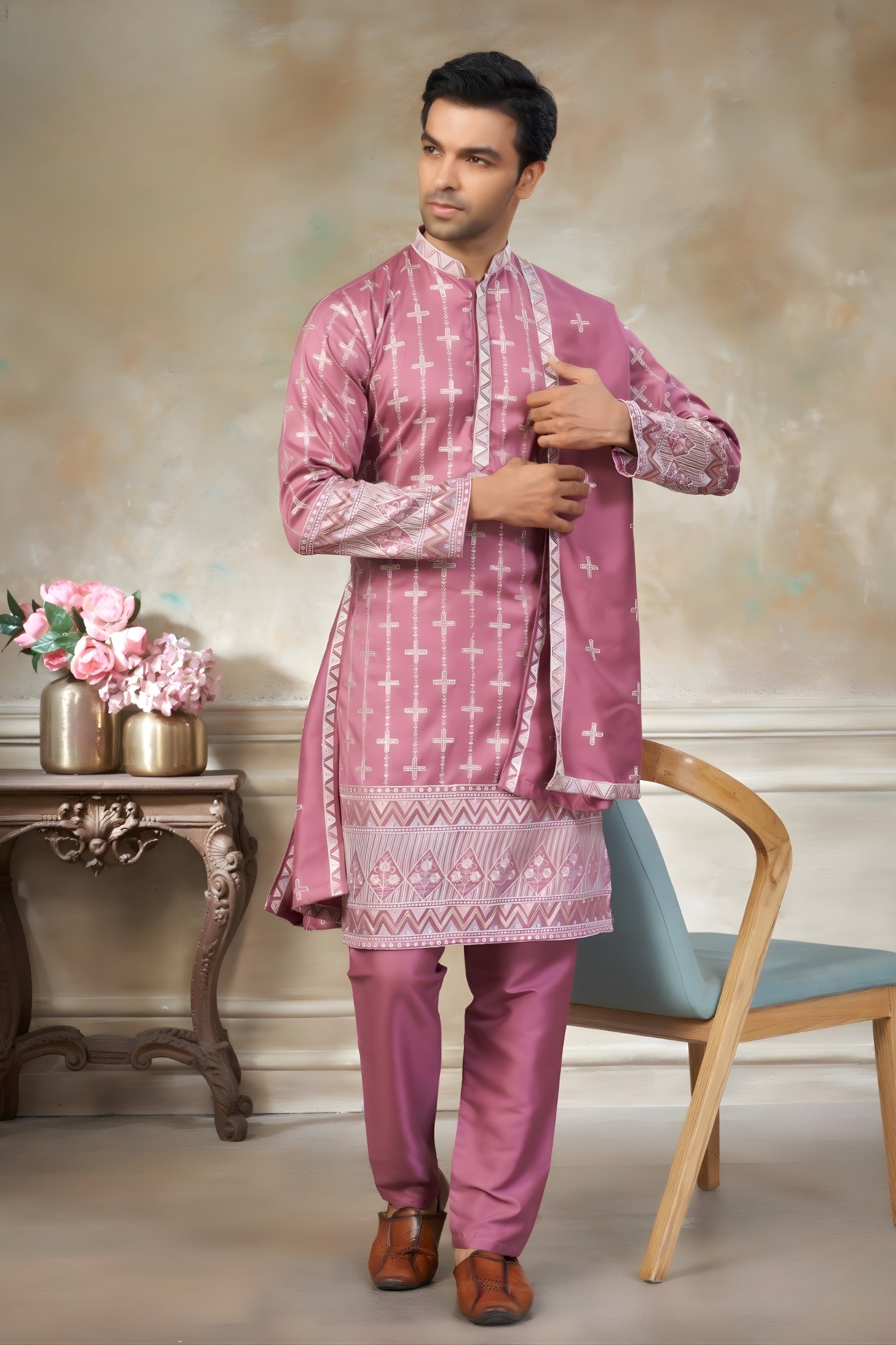 Stylish Pink Embroidered Pure Silk Kurta Pyjama Set with Dupatta for Wedding