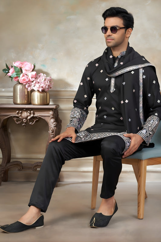 Awesome Black Embroidered Pure Silk Kurta Pyjama Set with Dupatta for Wedding