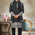 Awesome Black Embroidered Pure Silk Kurta Pyjama Set with Dupatta for Wedding